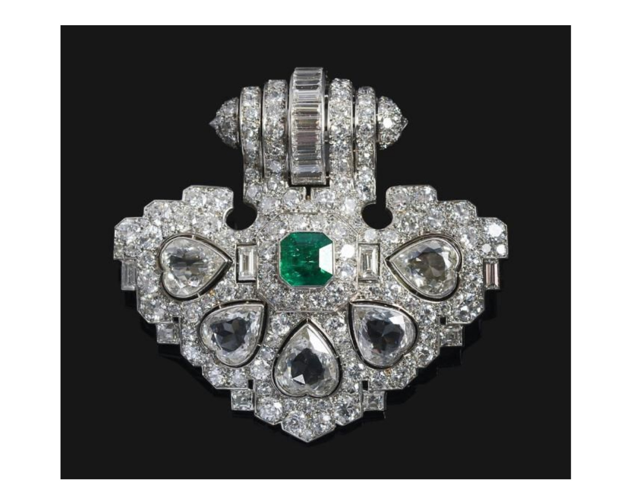 Antique Gorgeous Bezel Set Green Emerald With Multi Shape Bright CZ Retro Brooch