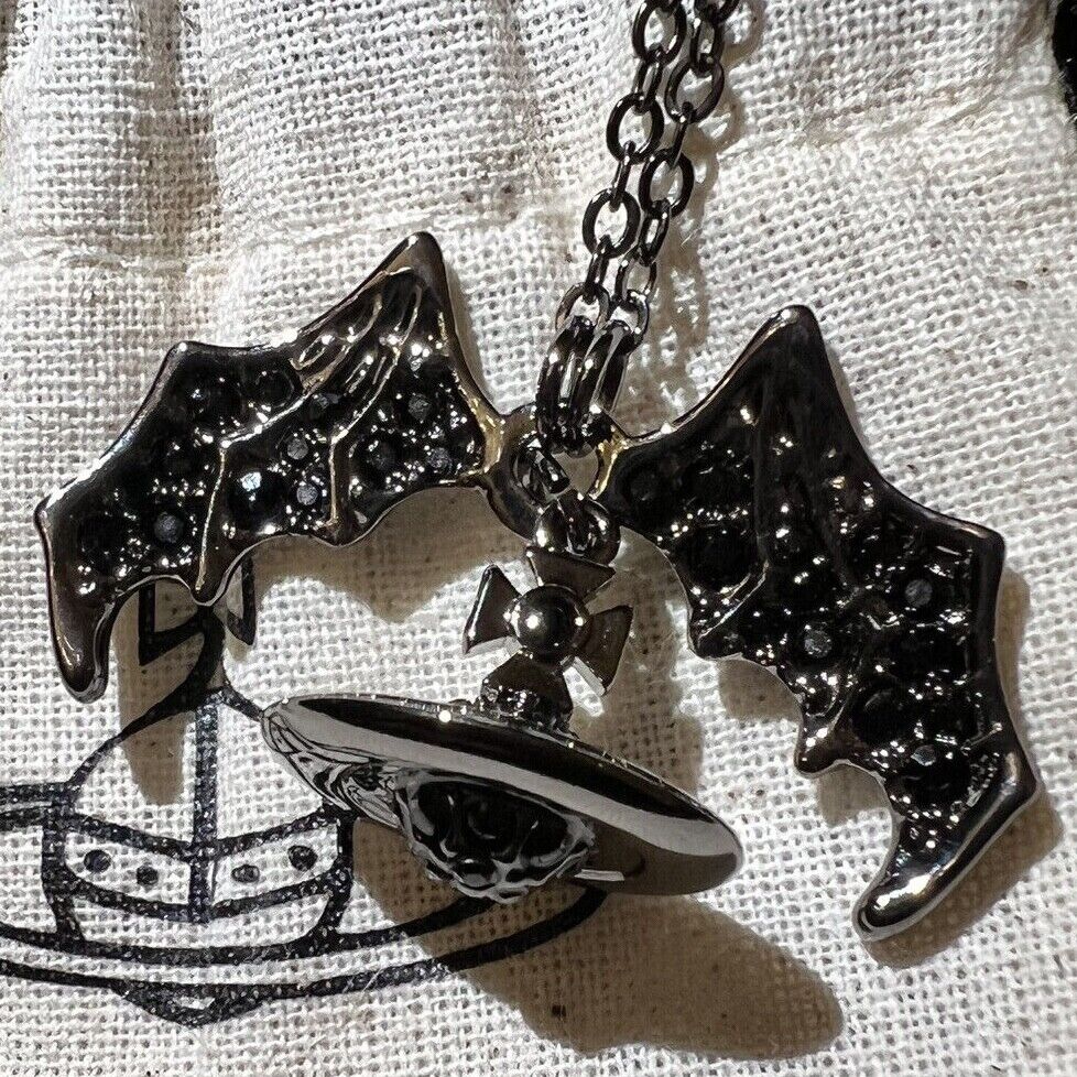 Authentic Vivienne Westwood Black Silver Bat 3D Orb Necklace Chain