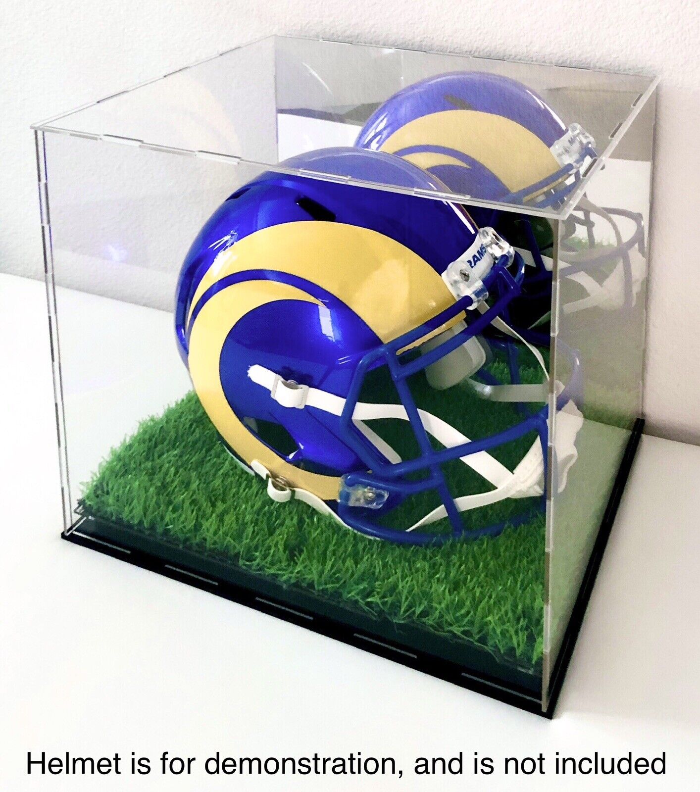 Full Size Acrylic Football Helmet Display Case w/ Mirror & Artificial Turf Grass