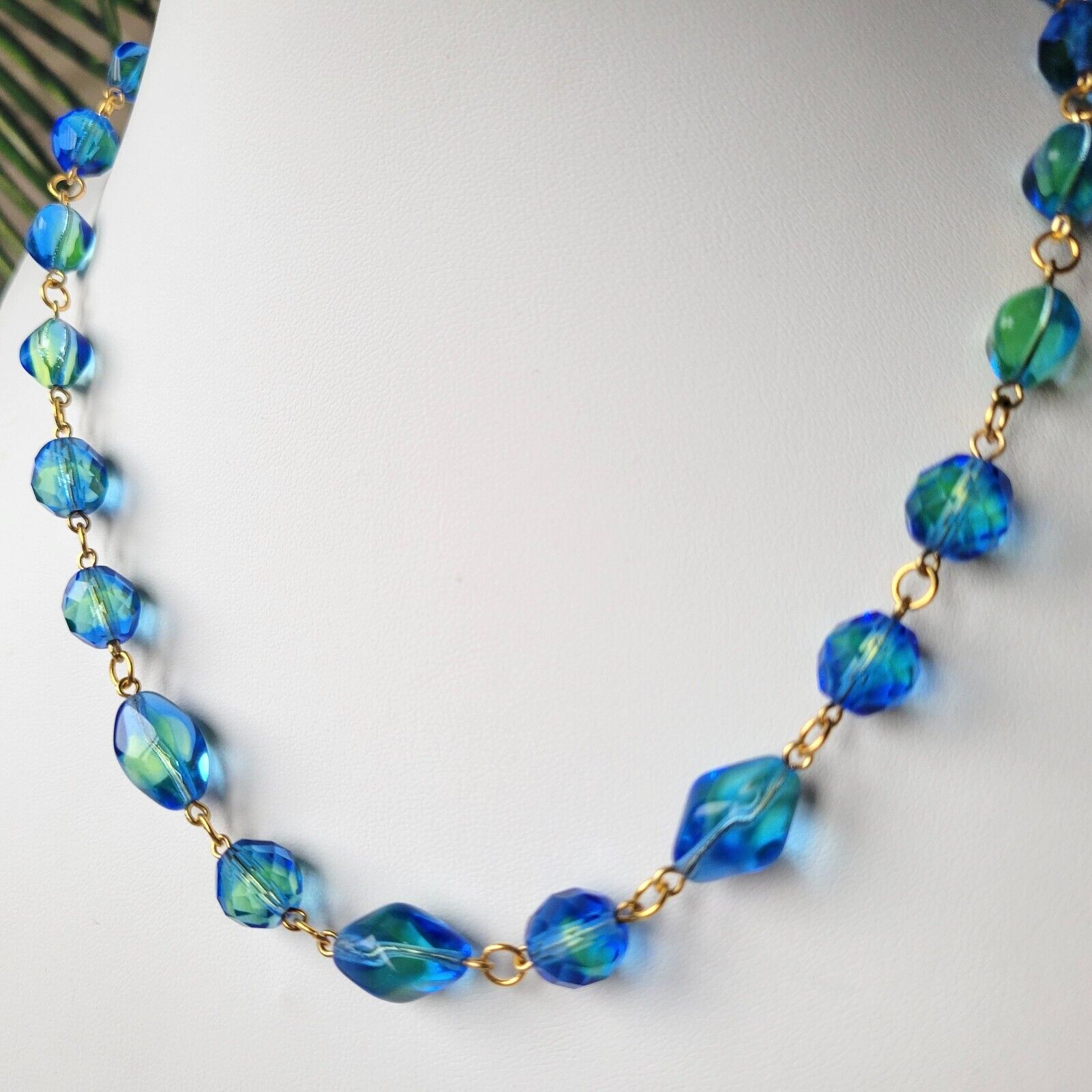 Vaseline Glass Necklace 18'' Uranium Blue Czech Glass Vintage Jewelry Art Deco