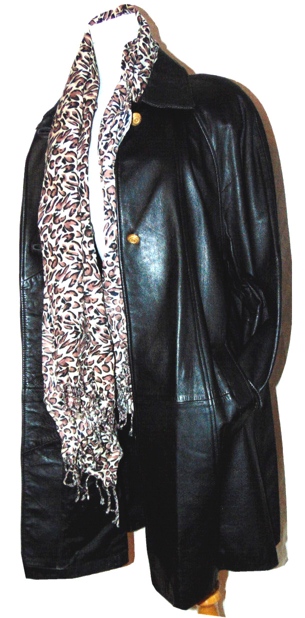 LNR By La Nouvelle Renaissance Black Leather Womens Vintage Coat Leopard scarf~L