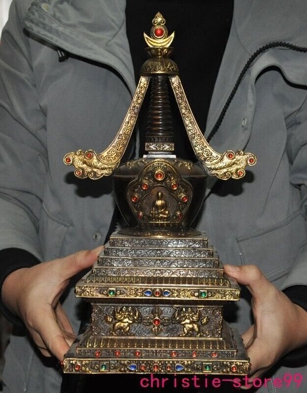 Tibet bronze inlay gem Gilt exorcize Sakyamuni Shakyamuni Buddha pagoda statue