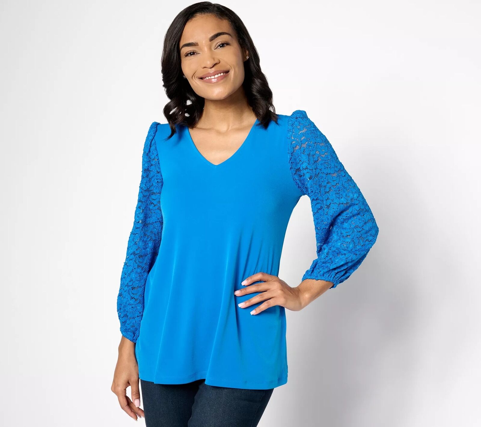 Susan Graver Liquid Knit A-Line Top Lace Shirt Simply Blue XL New