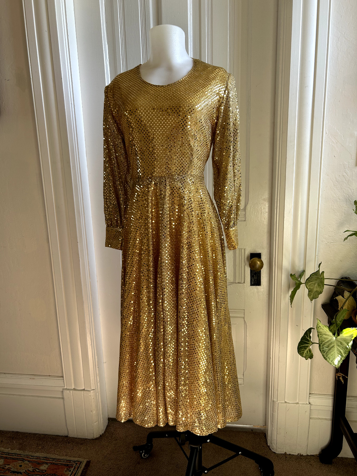 Vintage Gold 70s Handmade Dress Glitter Satin Lined Sequins and Slashed Sleeves