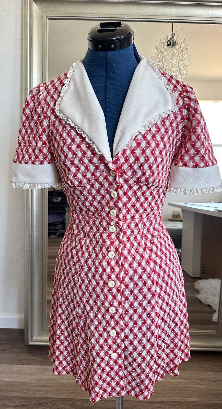 Vintage 60s Red & White Lace Collar Button Down Gingham ILGWU Dress