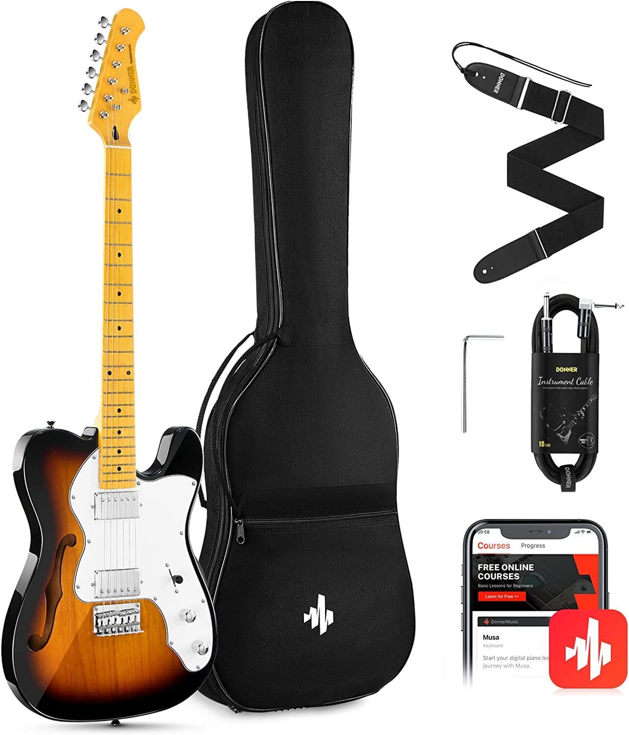 Donner DJC-1000S Electric Jazz Tele Guitar Thinline Humbucker H-H Pickups