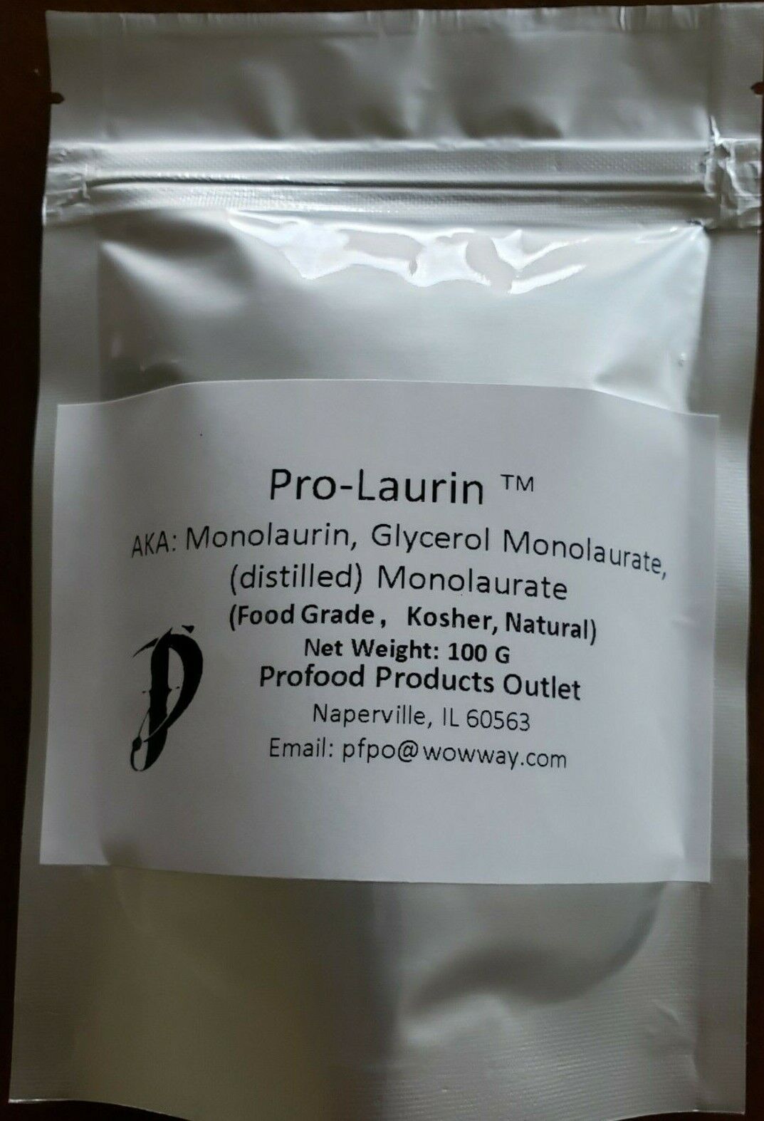 Pure 100g  Monolaurin powder (equivalent to 100x 1000mg) in a metalized pouch.