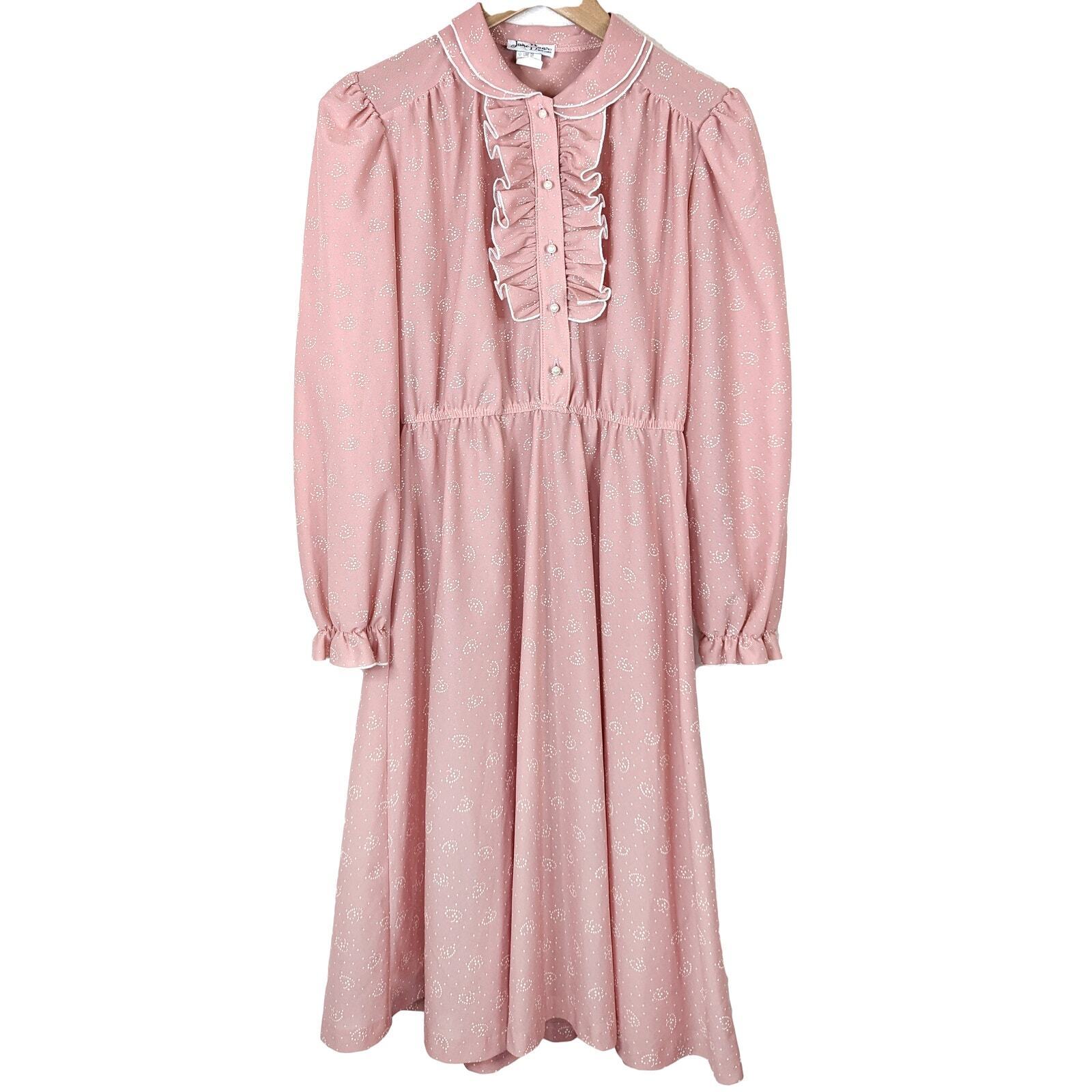 Vintage Pink Peter Pan Collar Ruffle Prairie Dress Long Puff Sleeve Midi Pearl S