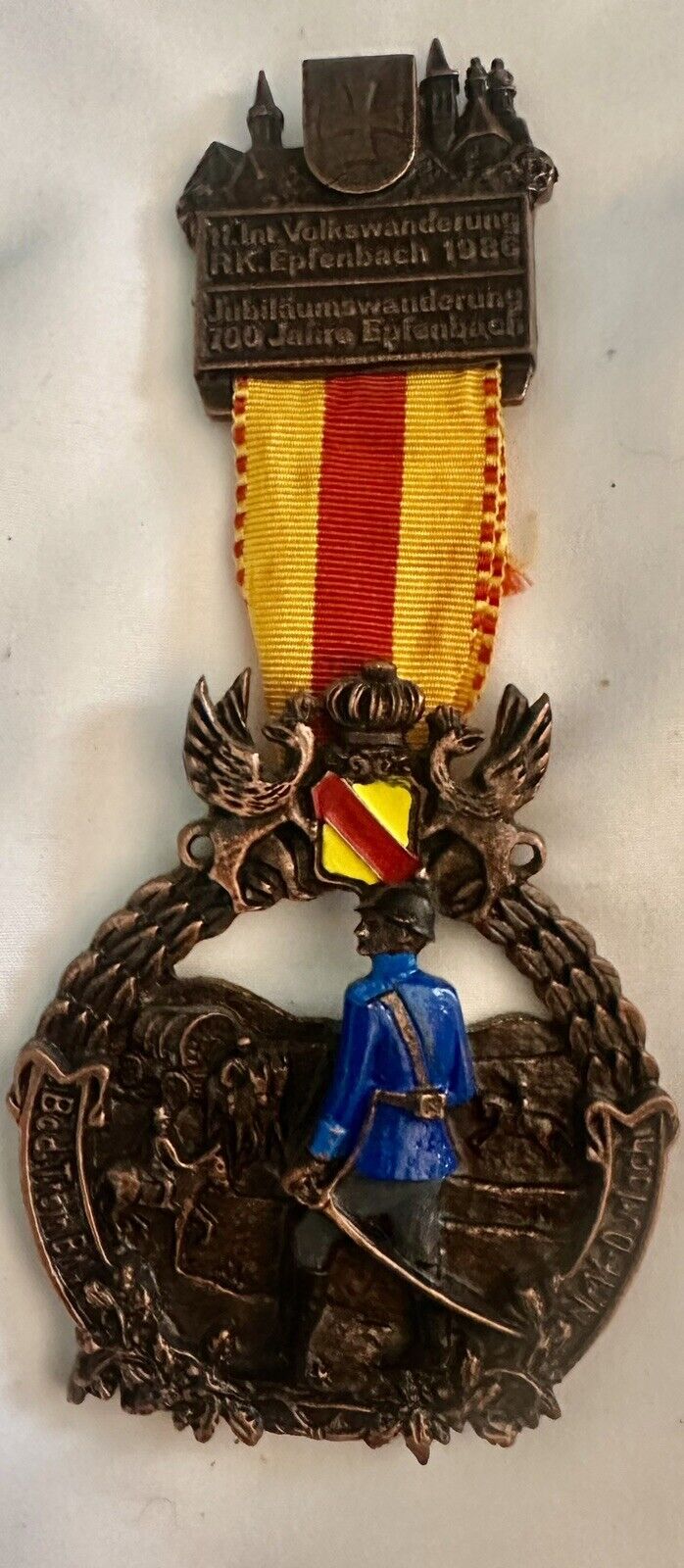 Vintage German Volkswanderung Medal Epfenbach 1986 Sword Soldier Durlach