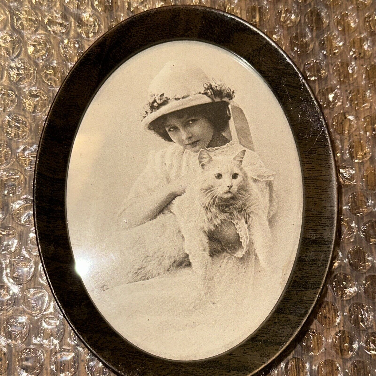 Vintage Photo Of little girl with White Cat 1910 Old Picture 5” X 4”