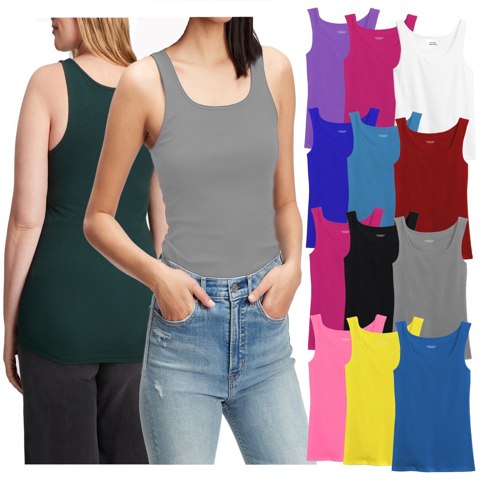 3-12Pcs Women 100% Cotton Tagless Round Neck Ribbed Tank Top Sleeveless Shirts