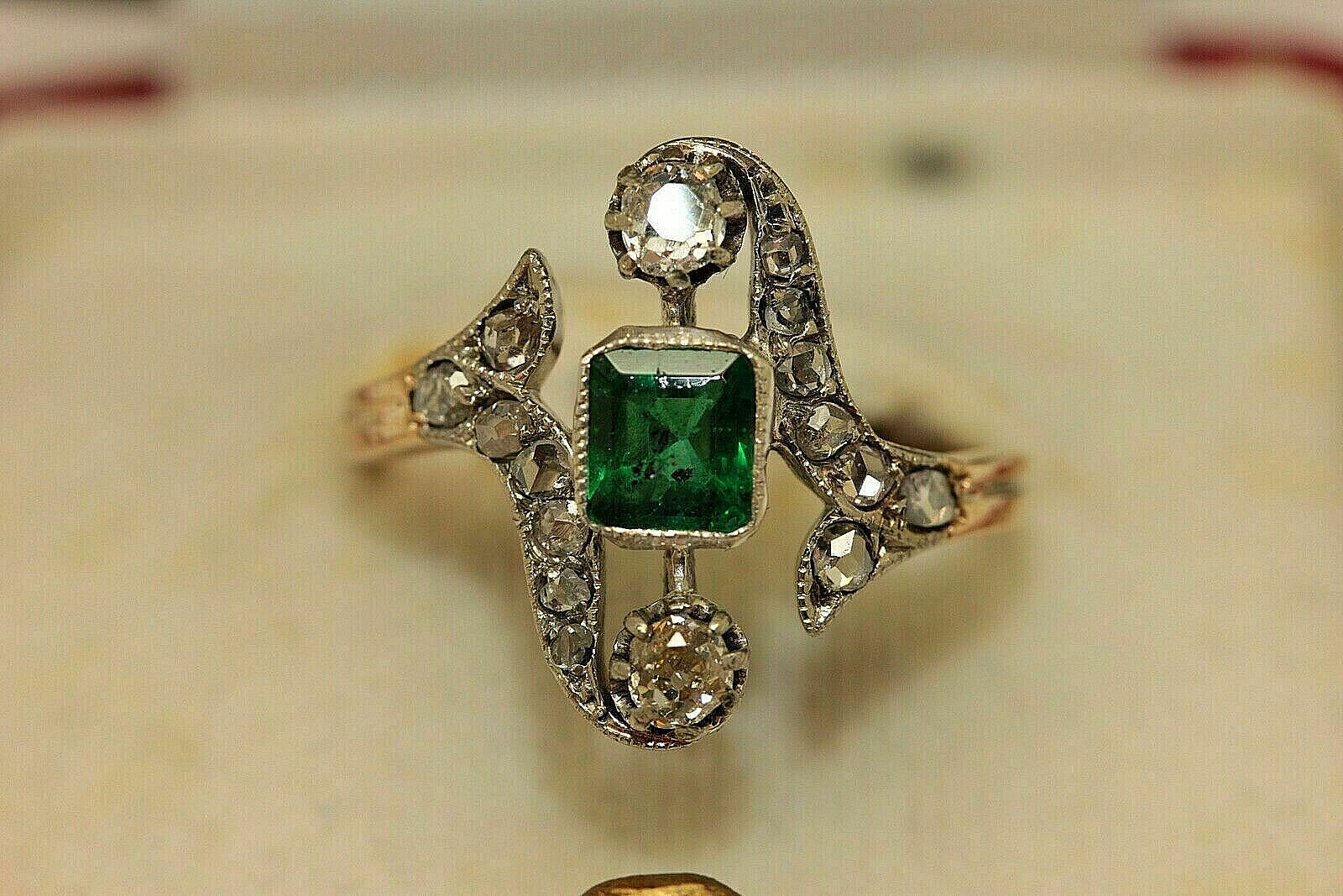 Vintage Circa 1930\'s Engagement Ring 14K Yellow Gold Over 2 Ct Simulated Emerald