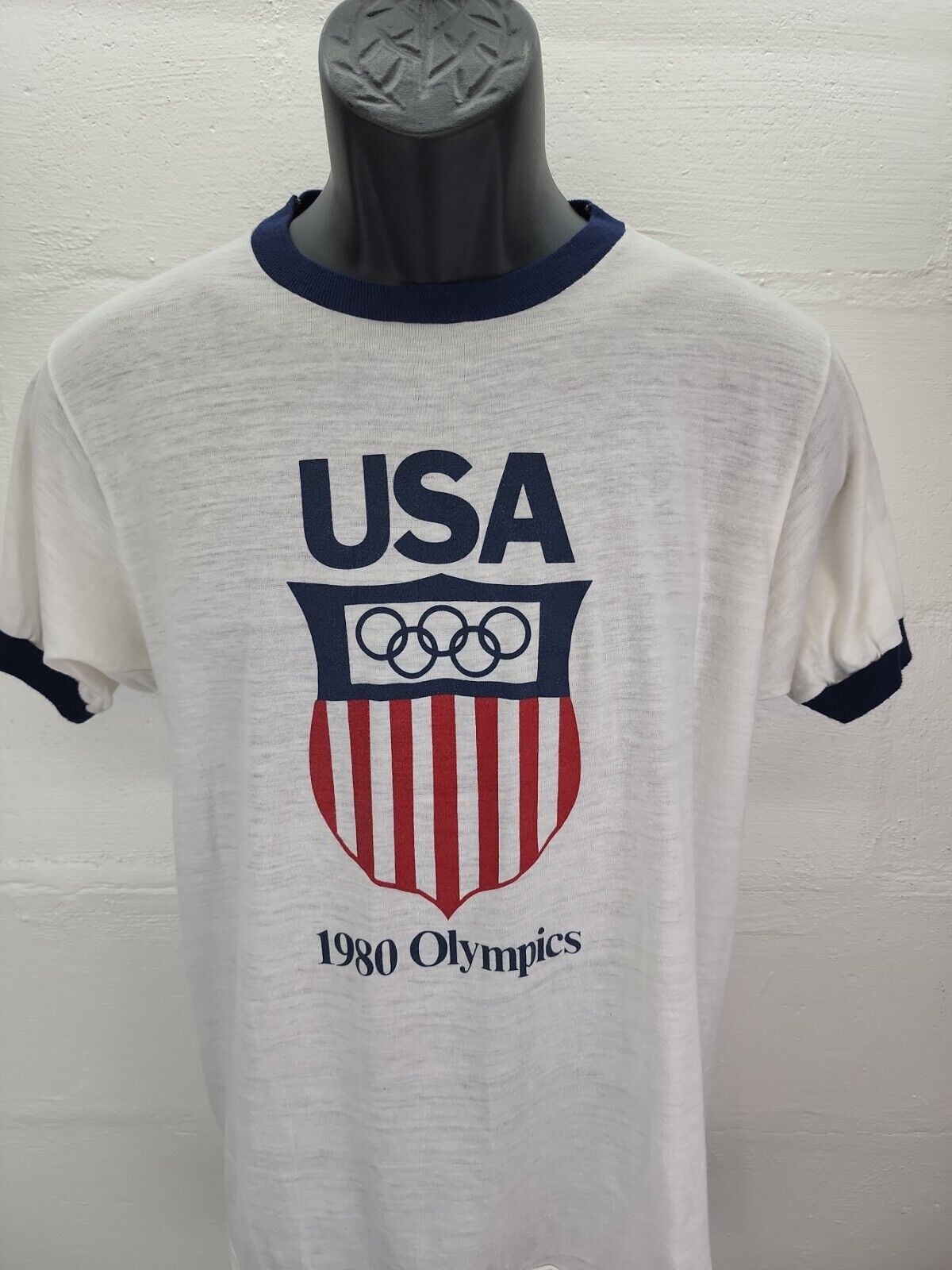 Vintage 1980 80s Olympics Ringer T Shirt USA Logo PROMO Tee RARE GRAIL Large