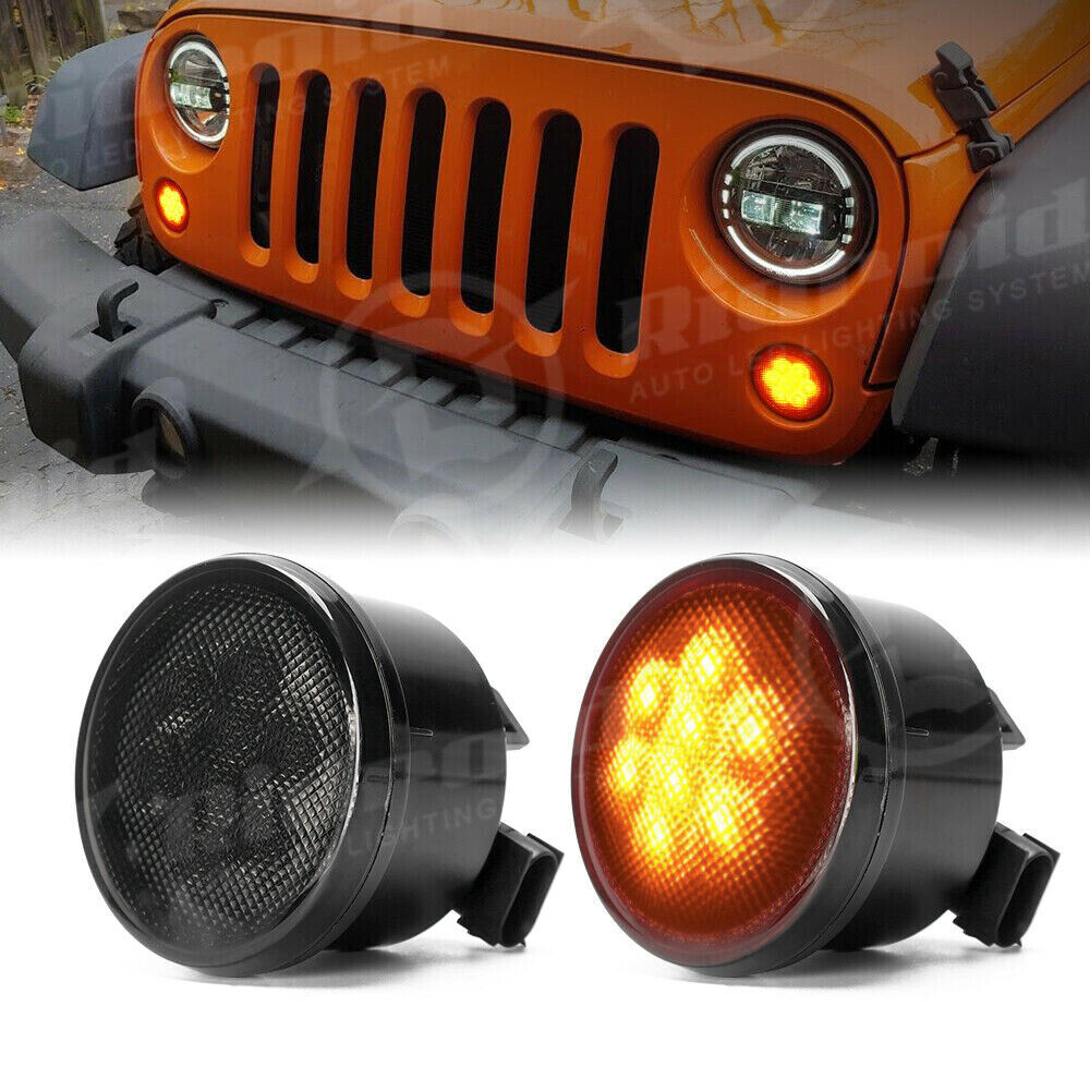 2x Amber Front LED Turn Signal Light Grill Smoke Lamp For Jeep Wrangler JK 07-17