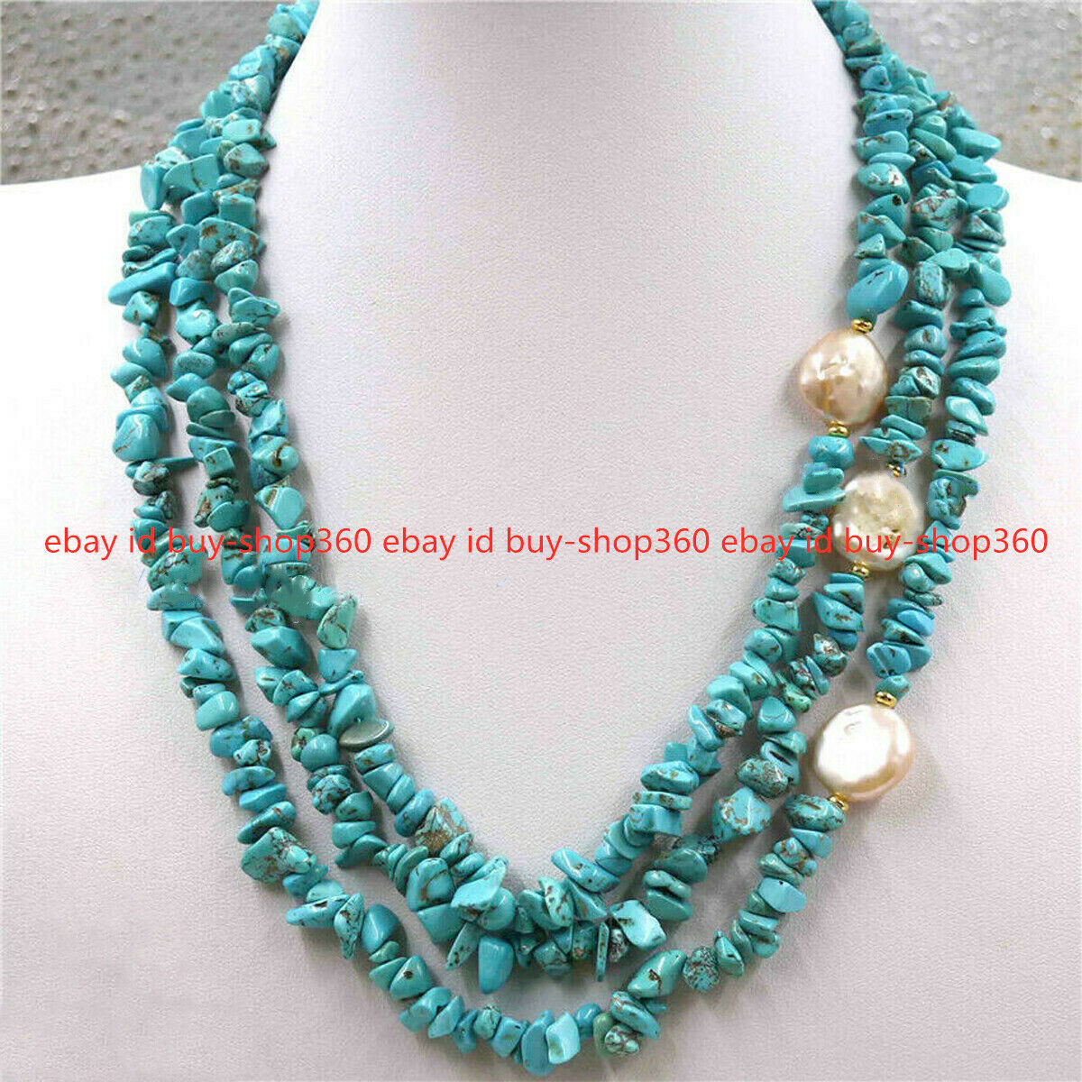 3Rows Natural Blue Turquoise Gems White Baroque Pearls Cluster Necklace 18-20\'\'