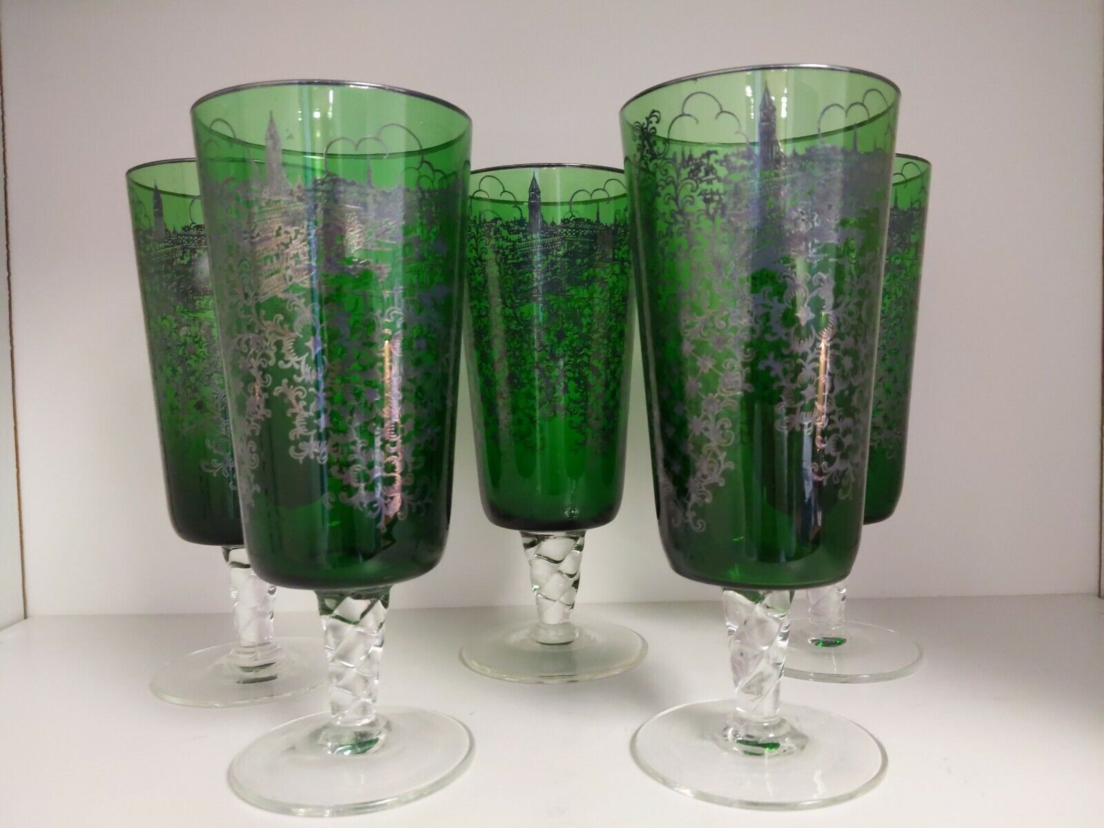 5 Antique Green Glass w/Silver Overlay Vatican Swirl Stems  7.5\