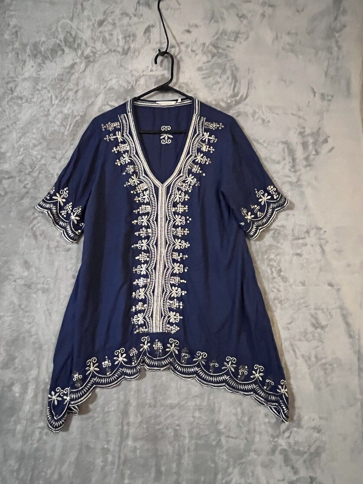 Soft Surroundings Embroidered Beaded V-Neck Navy Tunic Blouse Top Size XL