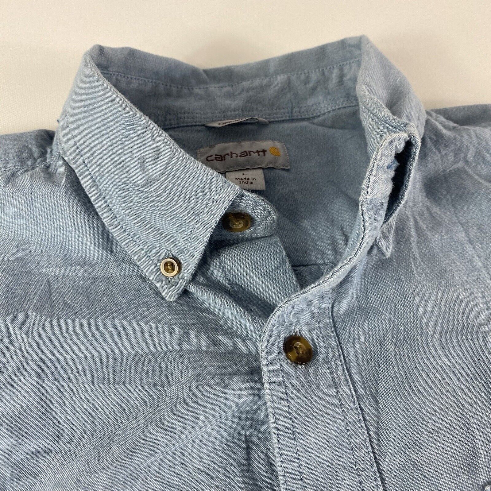 Carhartt Shirt Mens Large Blue Original Fit Chambray Long Sleeve 104368 CBL