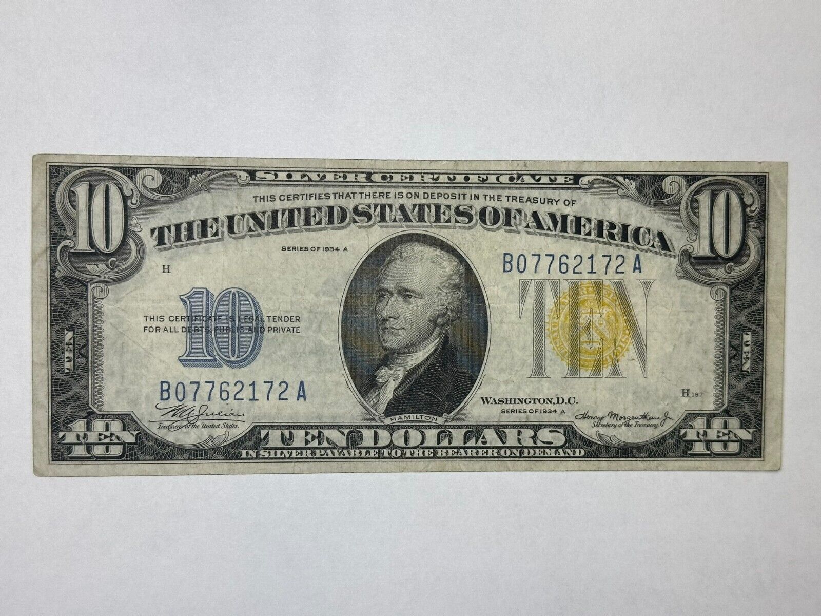 1934 a 10 Dollar Bill North Africa Silver Certificate Yellow $10 WWII (#1099)