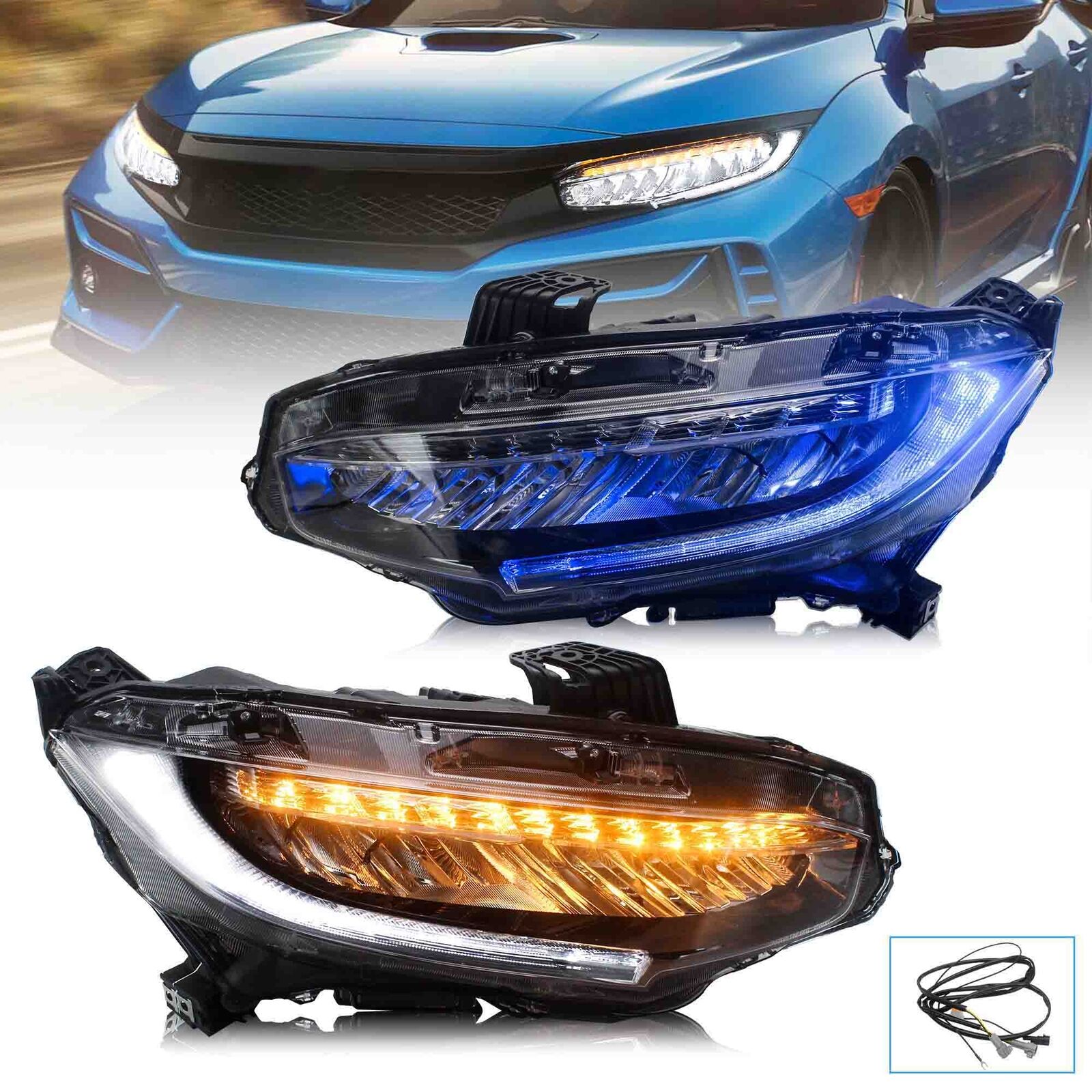 2* LED Project Headlights For 2016-2021 Honda Civic 10Th GEN Blue DRL Animation