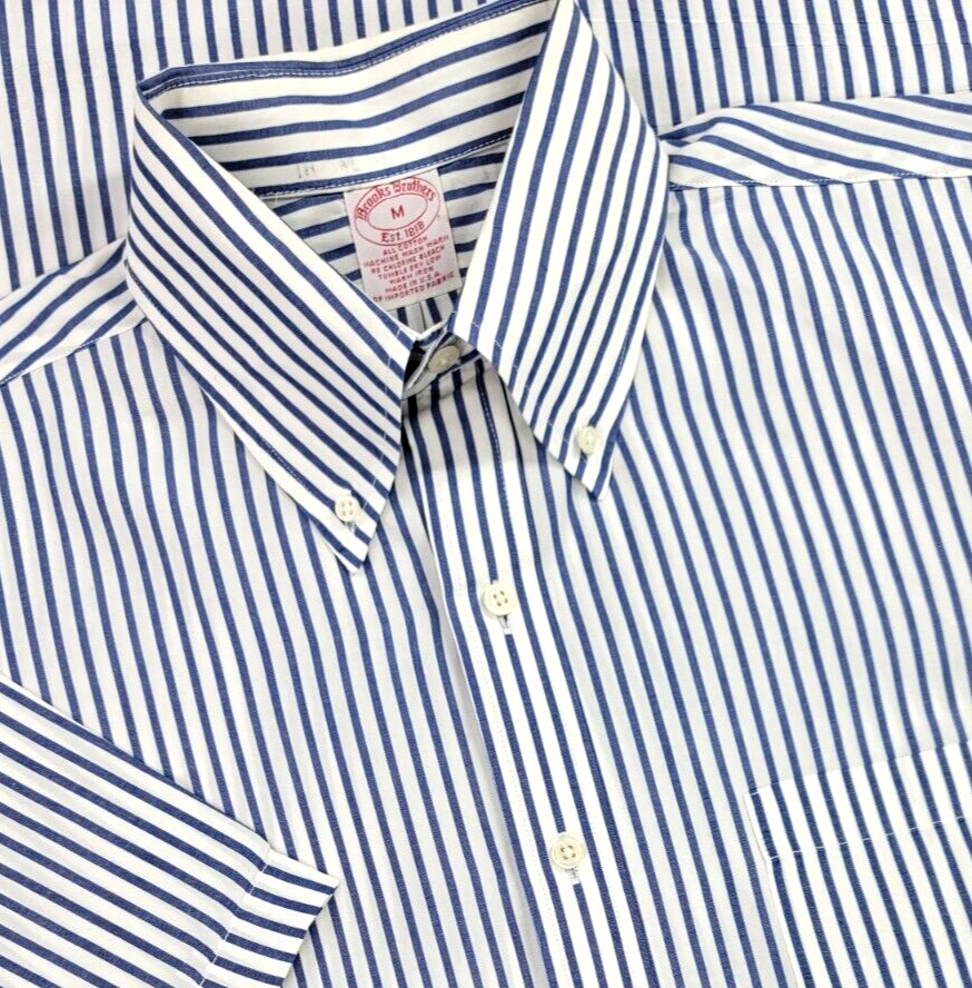 Vtg Brooks Brothers Blue Stripe Button Up Short Sleeve Poplin Shirt Mens M USA