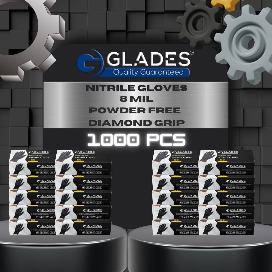 GLADES™ BLACK HEAVY DUTY NITRILE GLOVES 8MIL INDUSTRIAL MECHANIC LARGE 1000 PCS