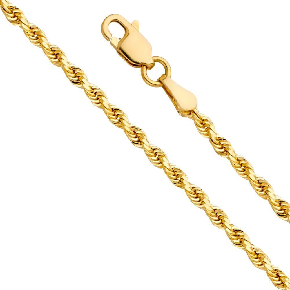 14K Real SOLID Yellow Gold 2mm Rope Chain Necklace with Lobster Claw Clasp Women