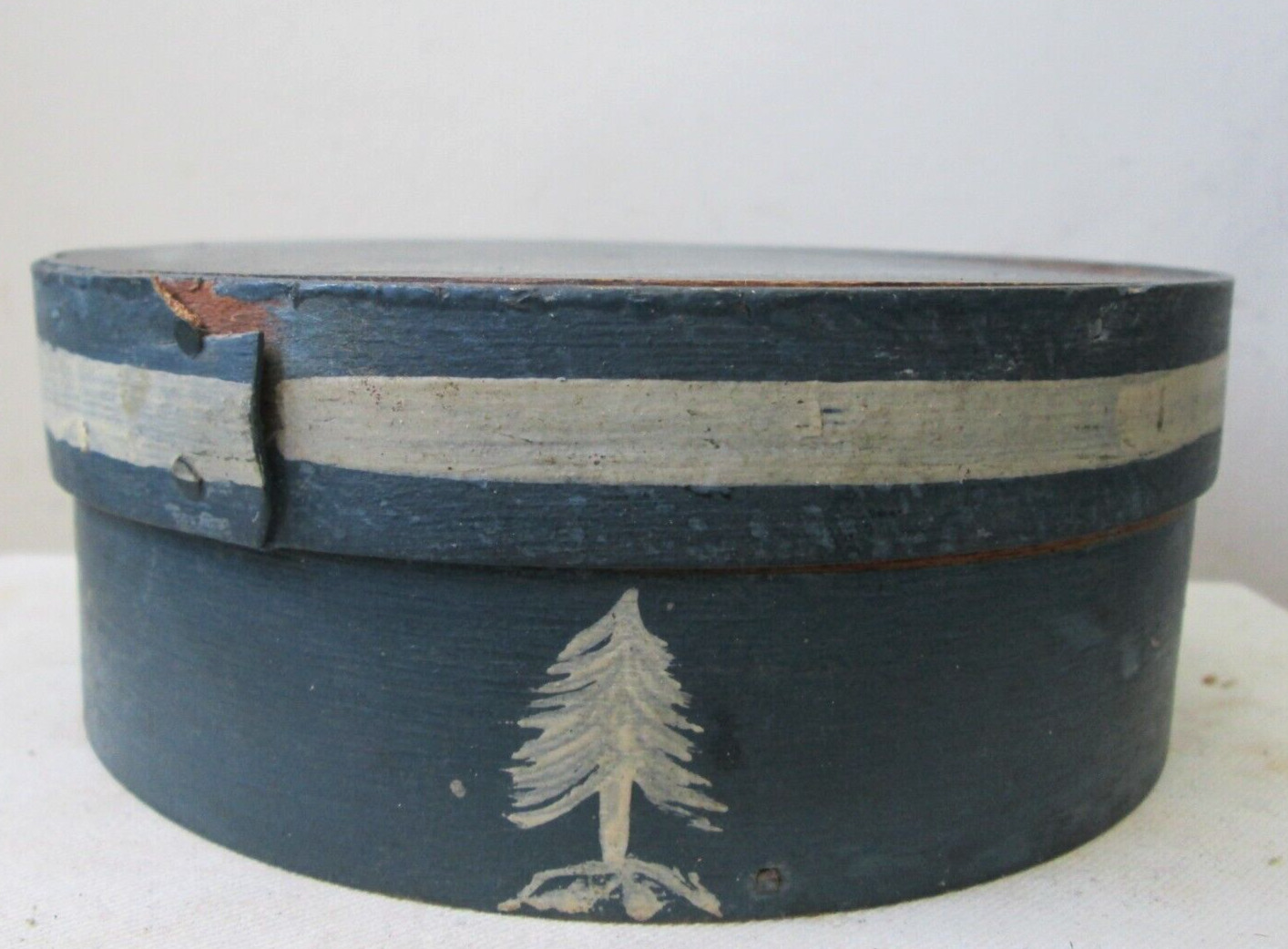 Antique FOLK ART New England Pantry box Old BLUE PAINT Painted Pine TREE AAFA