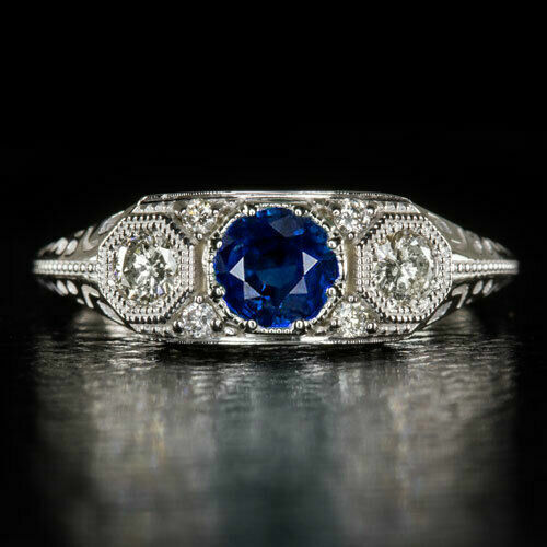 Antique Vintage Art Deco 3 Stone Royal Blue Sapphire Wedding Ring 14k White Gold