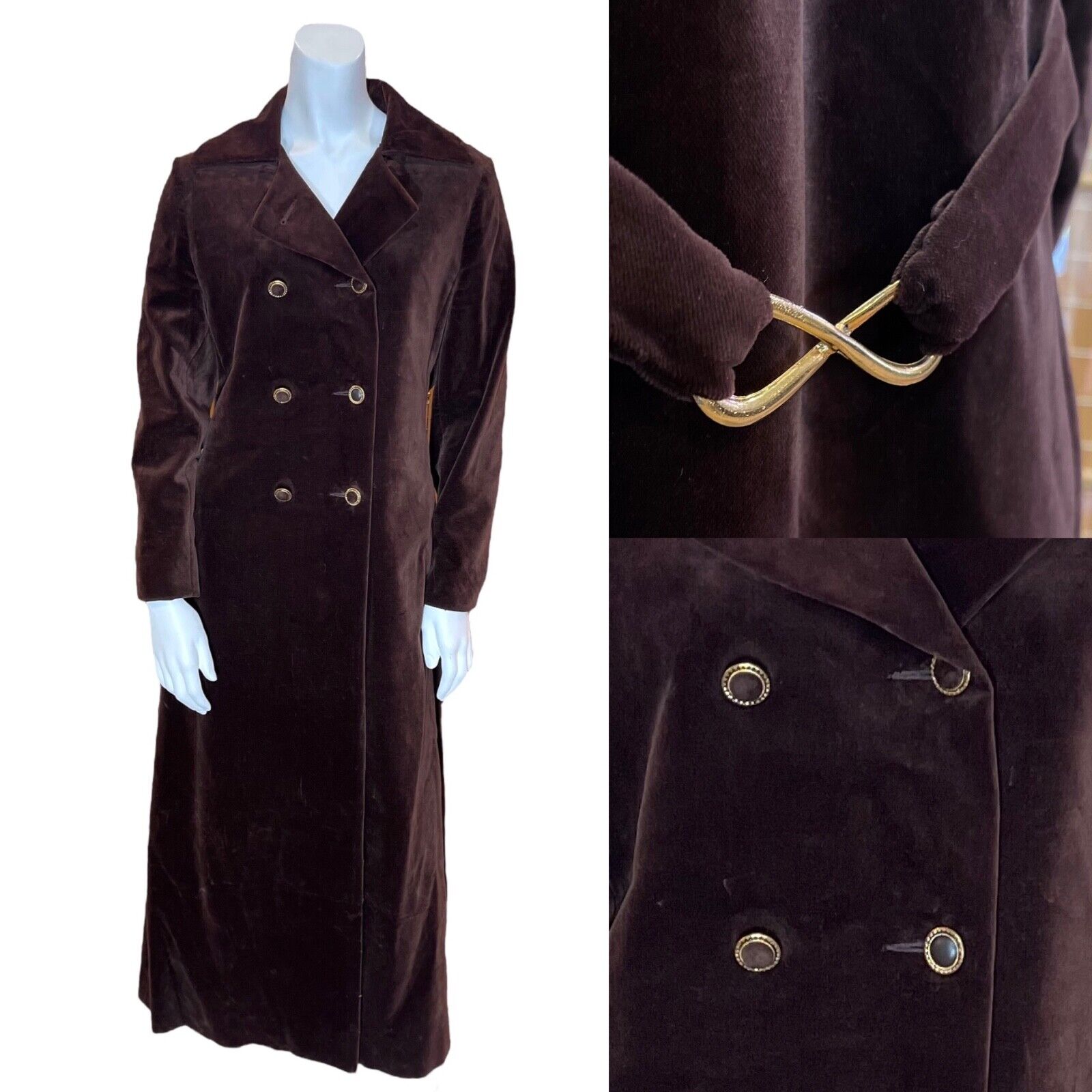 Vintage 60’s VELVET TRENCH COAT Jacket Women’s Brown Maxi Mid Century L Boho