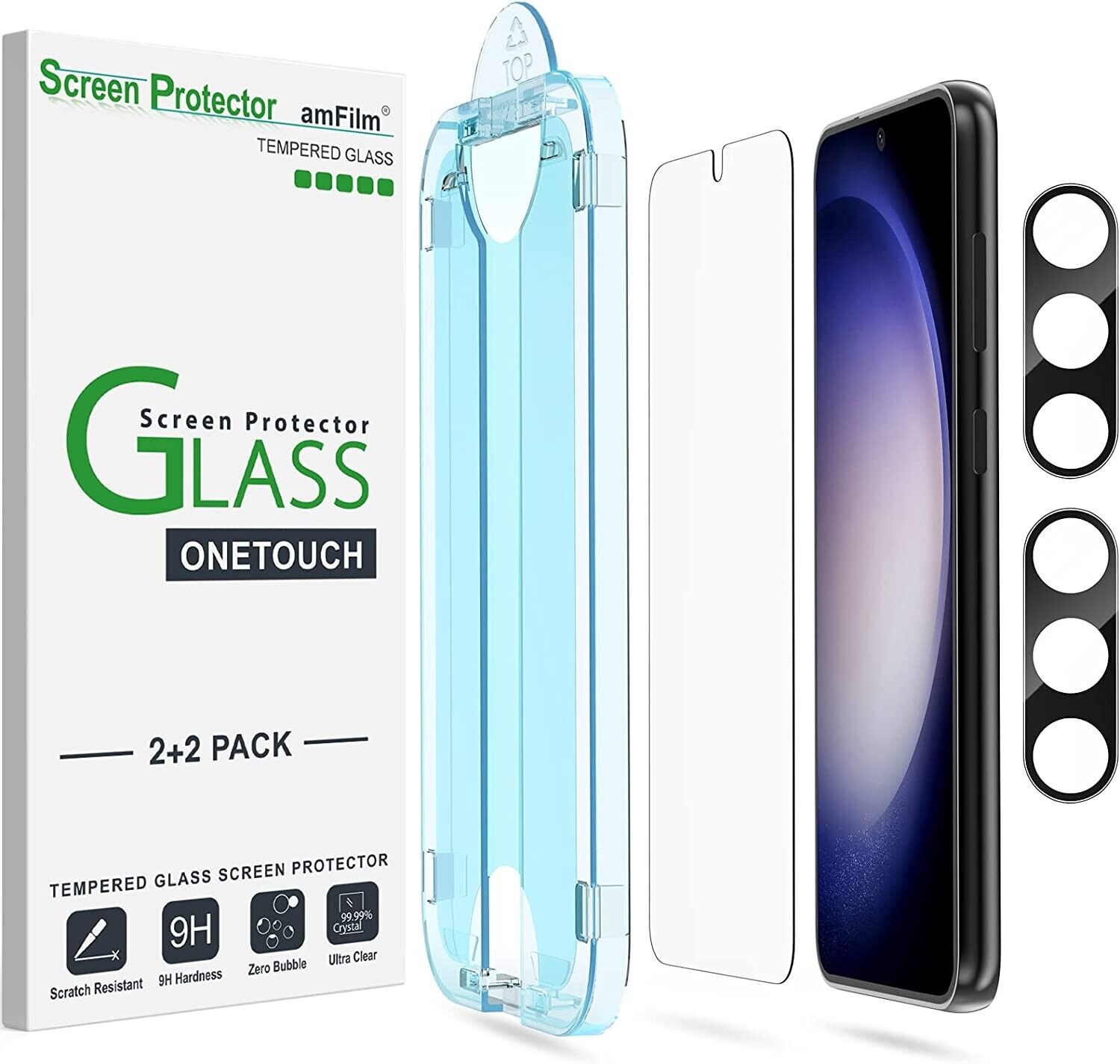 (2+2 pack) amFilm OneTouch for S23 Tempered Glass Screen & Lens Glass Protector