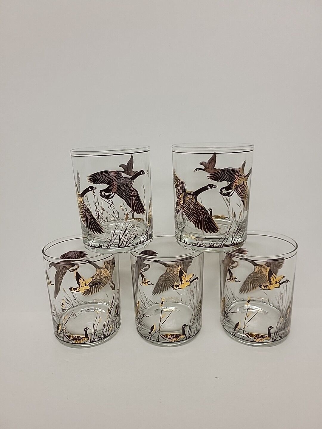 Set of 5 MCM Vintage Gold Culver Canada Geese Low Ball Glasses 