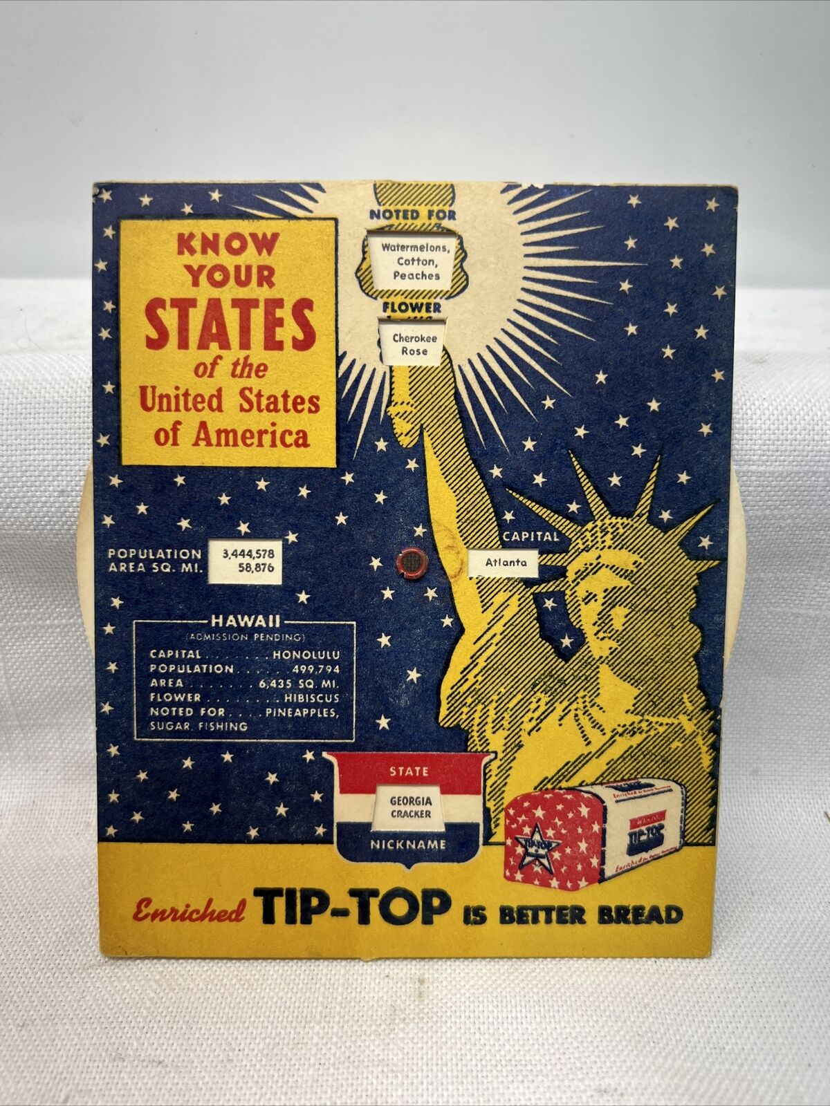 Ward's Tip Top Bread Ad Premium Know Your USA States 1953 Educational Dial Card