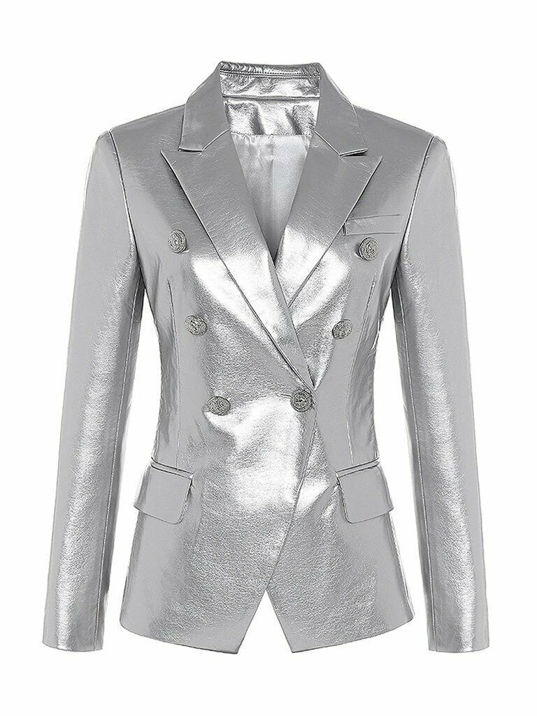 Womens Silver Leather Blazer Formal Pure Lambskin Size S M L XL XXL Customiz-126