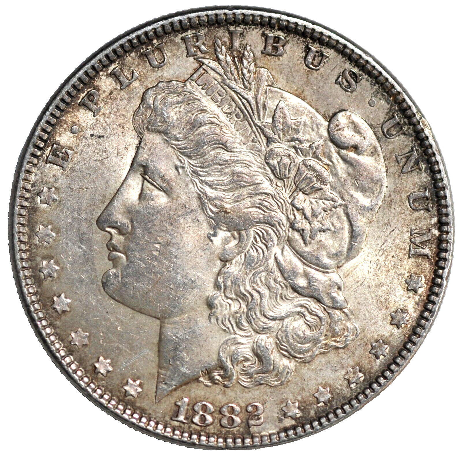 1882 Morgan silver dollar 90% silver in XF or better condition.