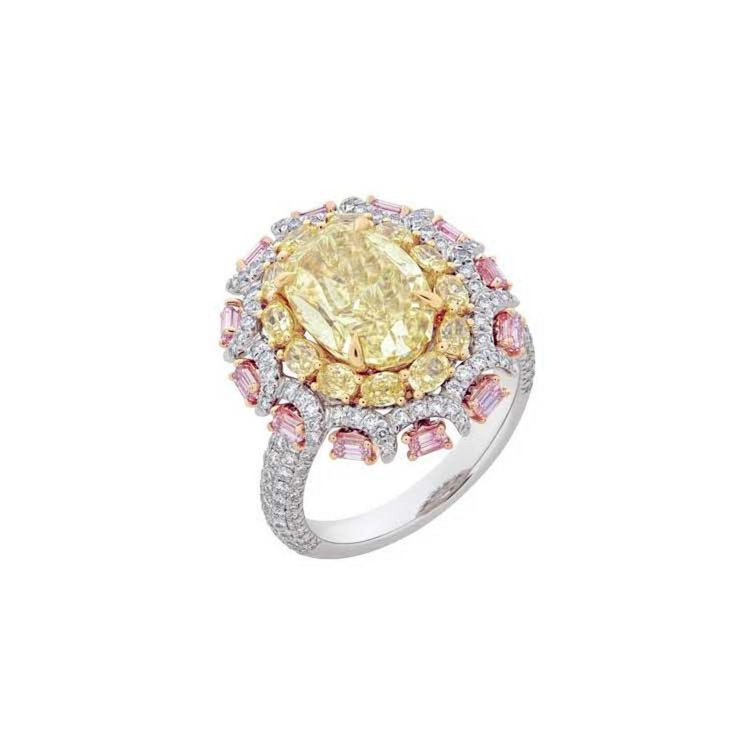 Unique Golden Yellow Citrine With Rose Pink Sapphire & Clear CZ Engagement Ring