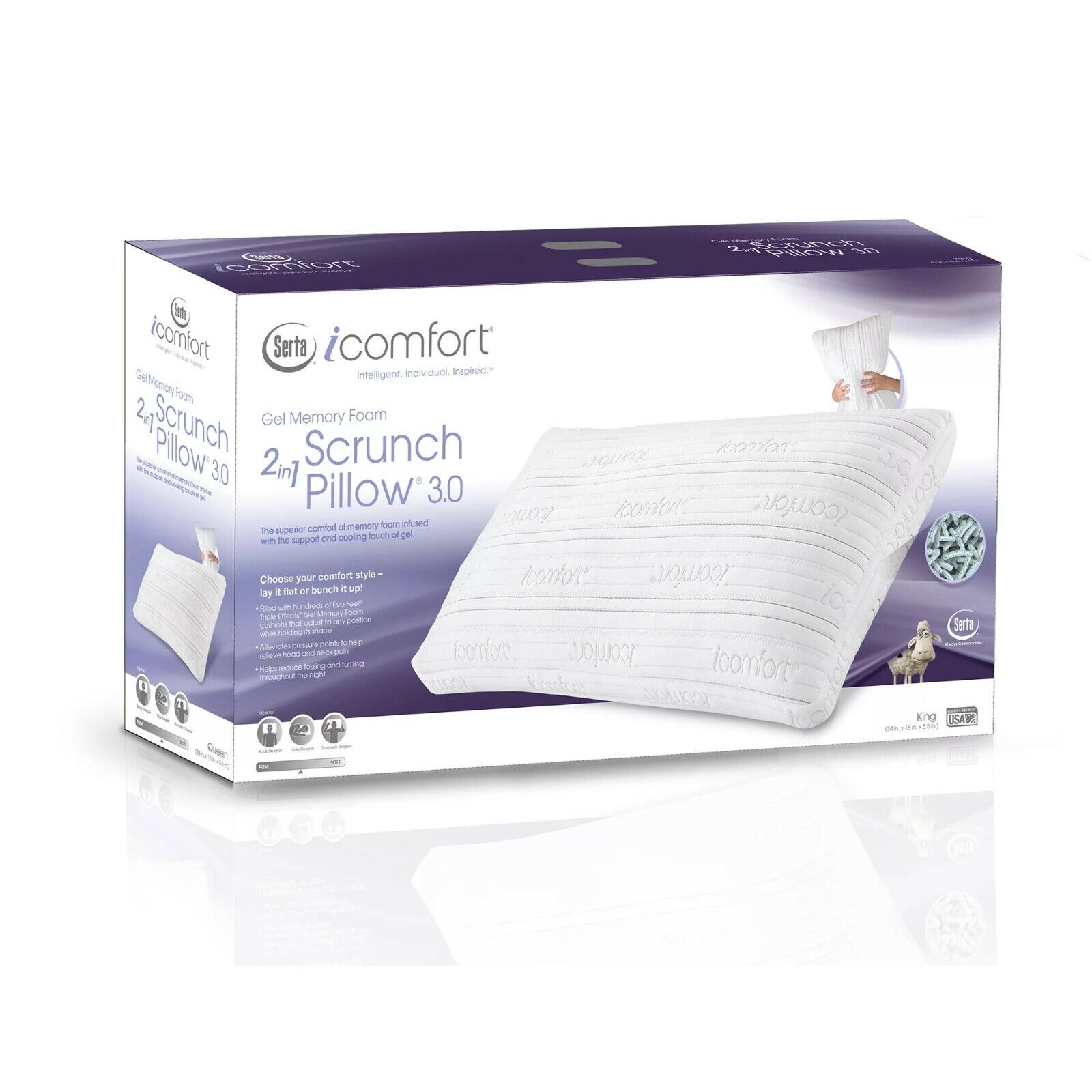 New Serta iComfort Scrunch 3.0 Pillow, Triple Effects Gel Memory Foam Queen