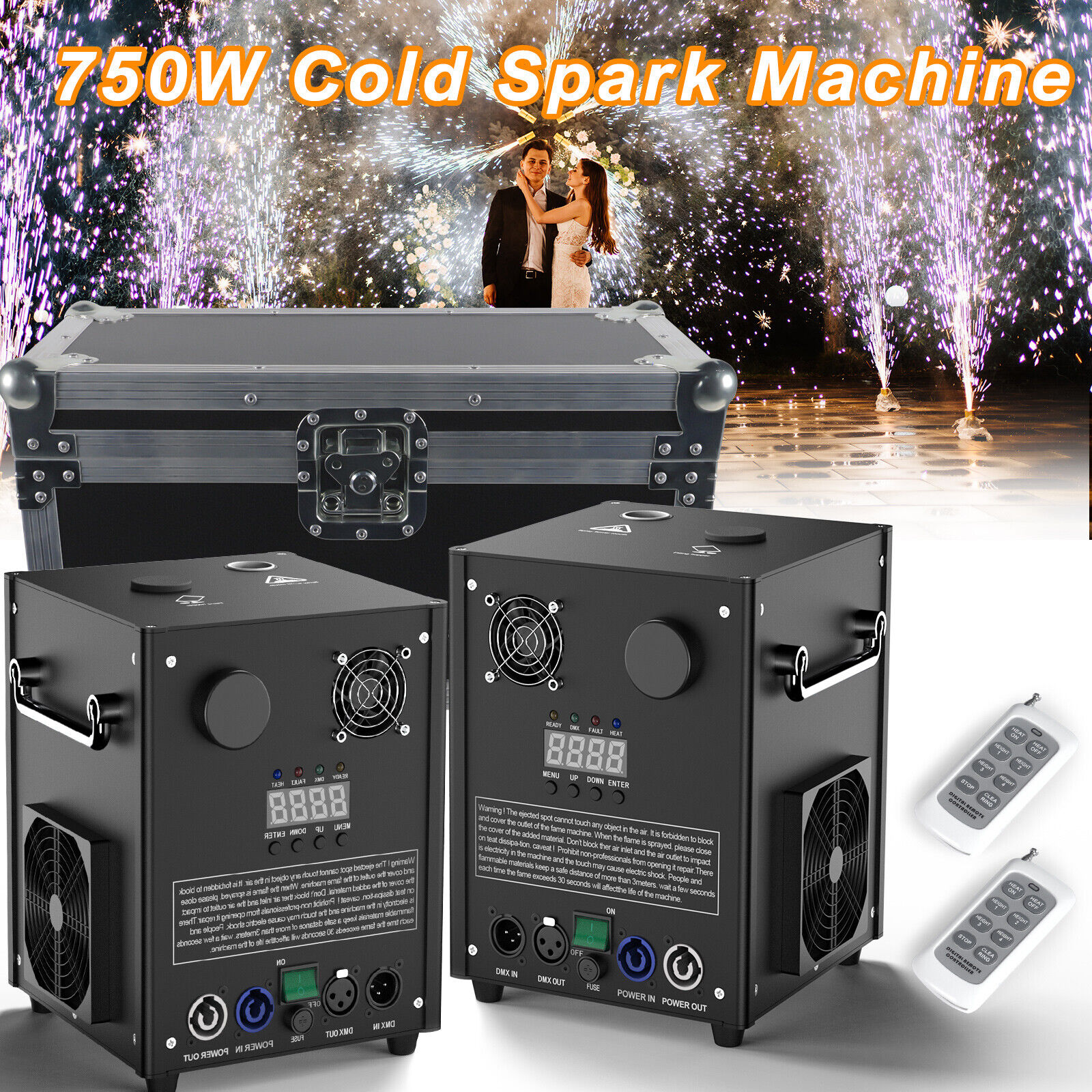 2X Cold Spark Machine 750W Stage Effect DMX Firework DJ Wedding with Flight Case