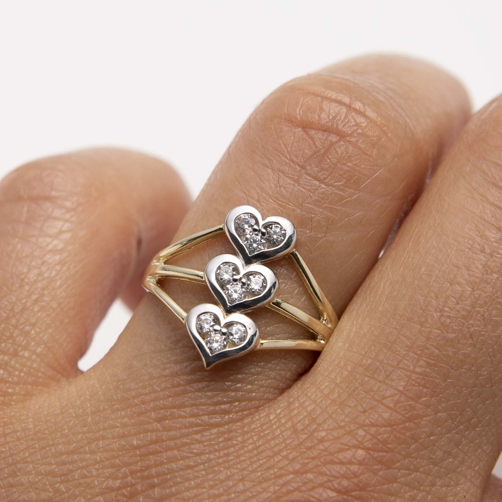 Triple Heart Ring Solid 10K Yellow White Gold Size 7