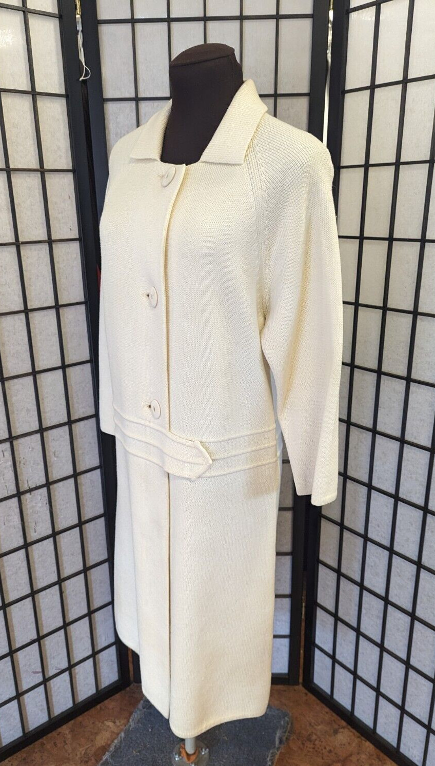 1960s Wool Art Mod Leetex Coat Dress Hong Kong Vintage Cream Sweater Knit Med
