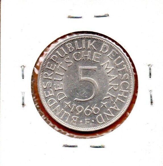 Germany Coin 5 Deutsche Mark 1966 Silver .625, 11.2gr, 29mm (Low Shipping)