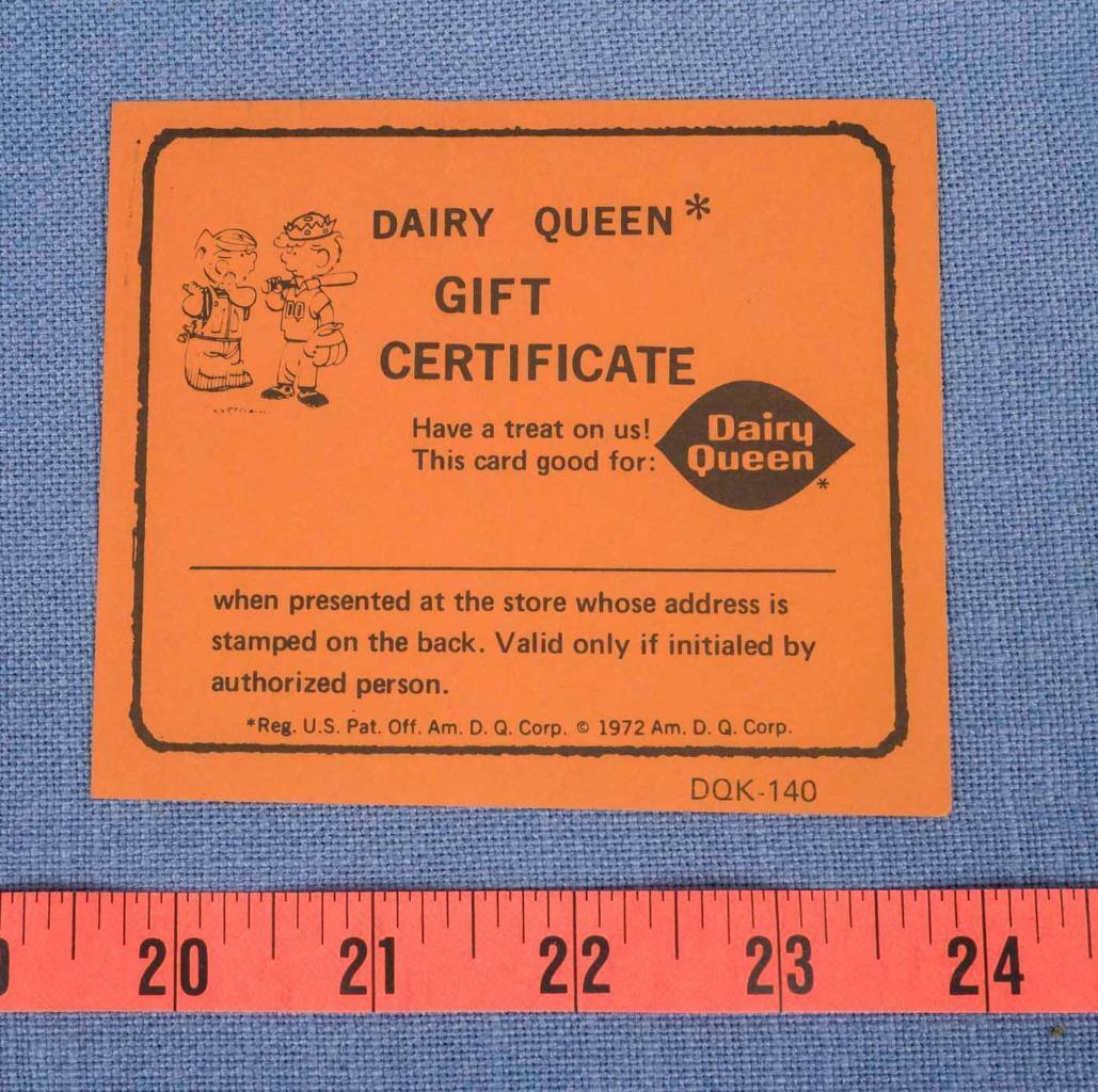 Vintage Dairy Queen Gift Certificate 1972 Dennis The Menace dq
