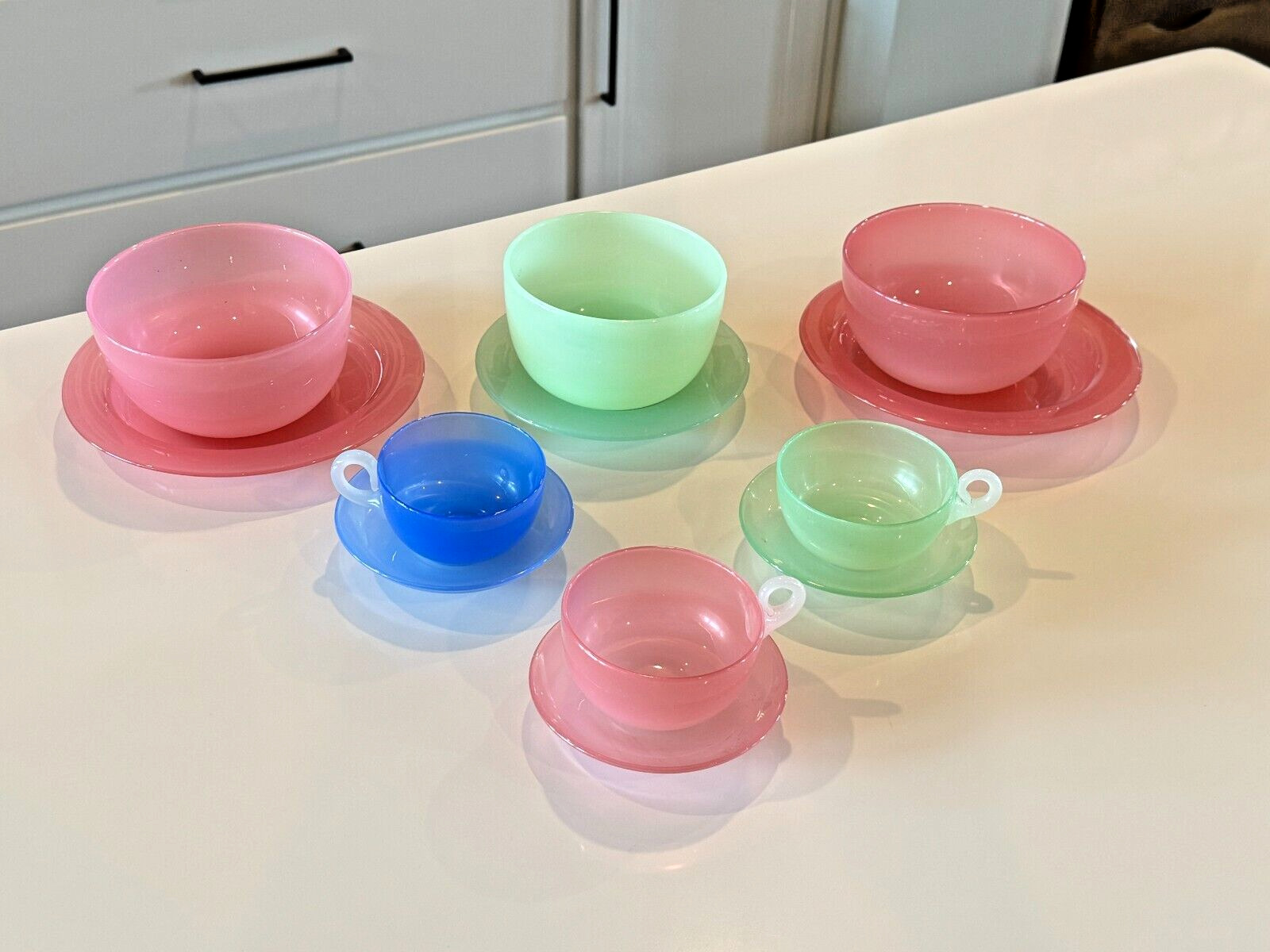 Antique Steuben / Carder Jade Alabaster Art Glass Collection Cups, Bowls, Plates