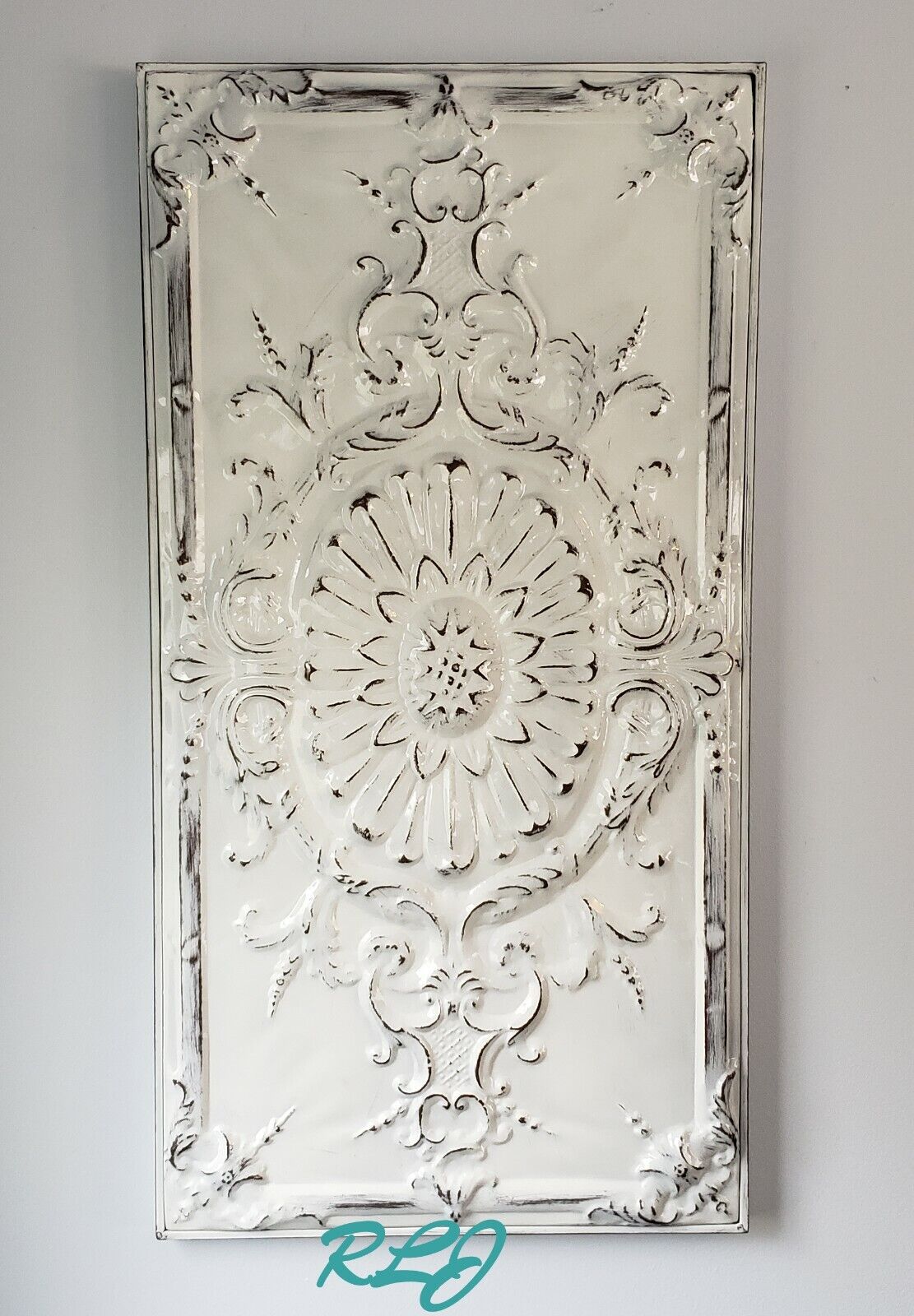 Distressed Vintage Victorian Shabby Chic Embossed Metal Scrolling Wall Panel 
