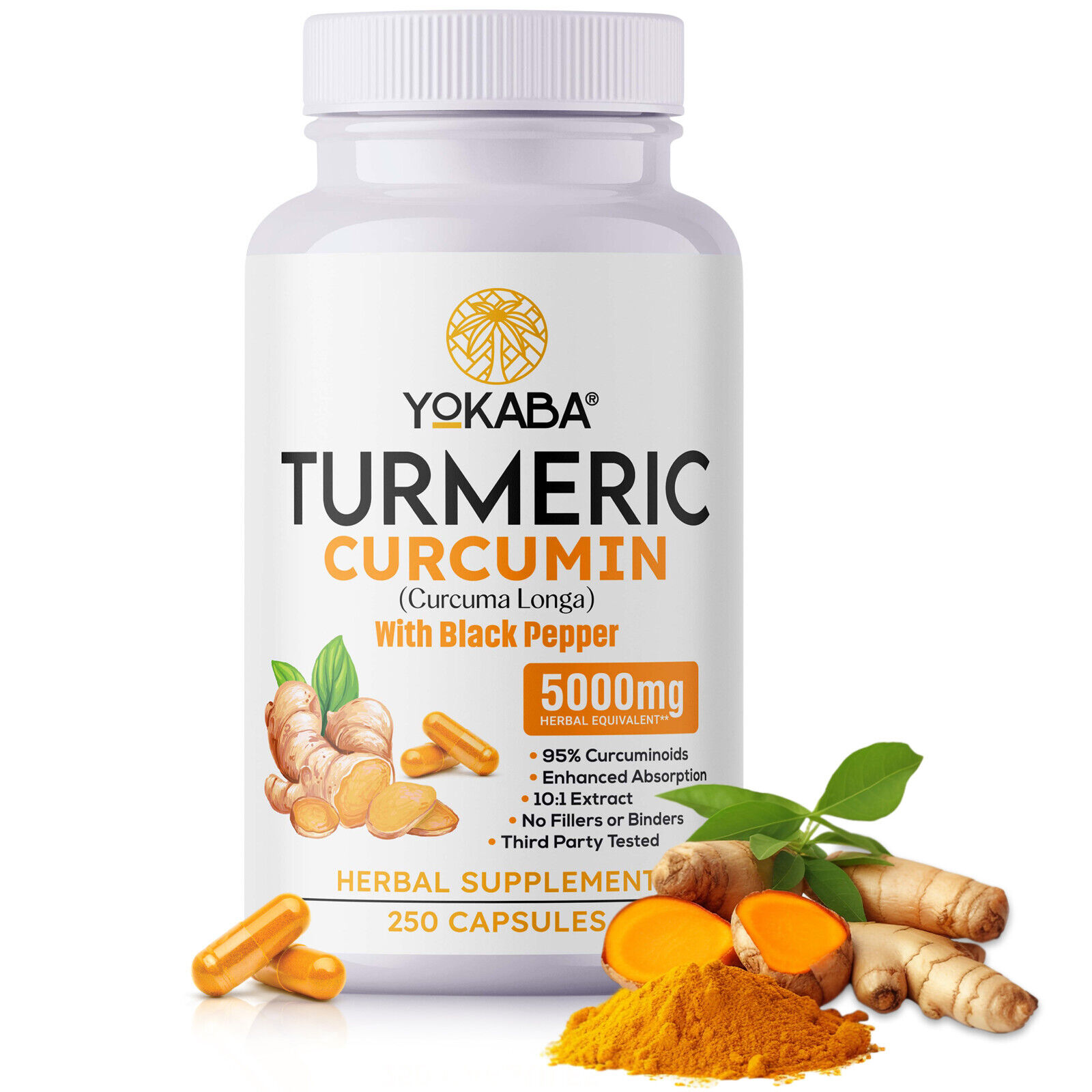 250 Capsules Turmeric Curcumin 5000mg Herbal Extract with BioPerine by YOKABA