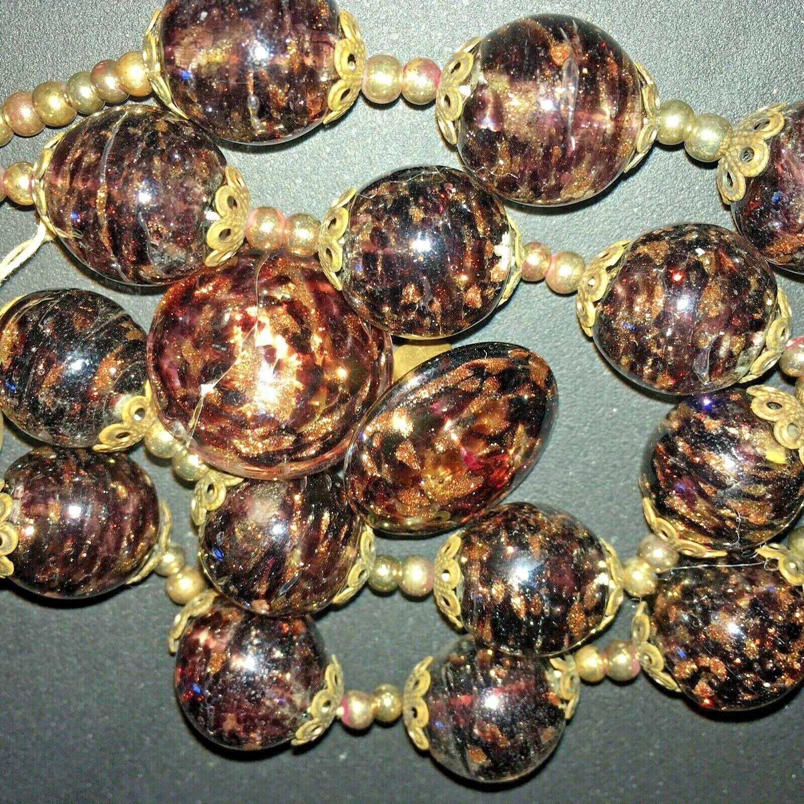 Vntg Antq summerso black & copper glass necklace & earrings murano venetian