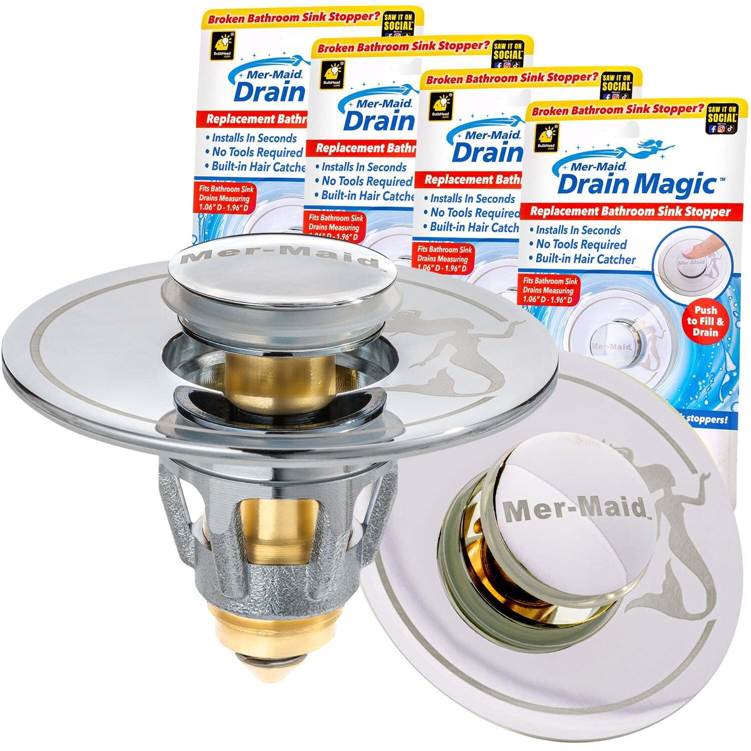Mer-Maid Drain Magic 4 Pack, Universal Sink Stopper, Instantly Replace Stoppers