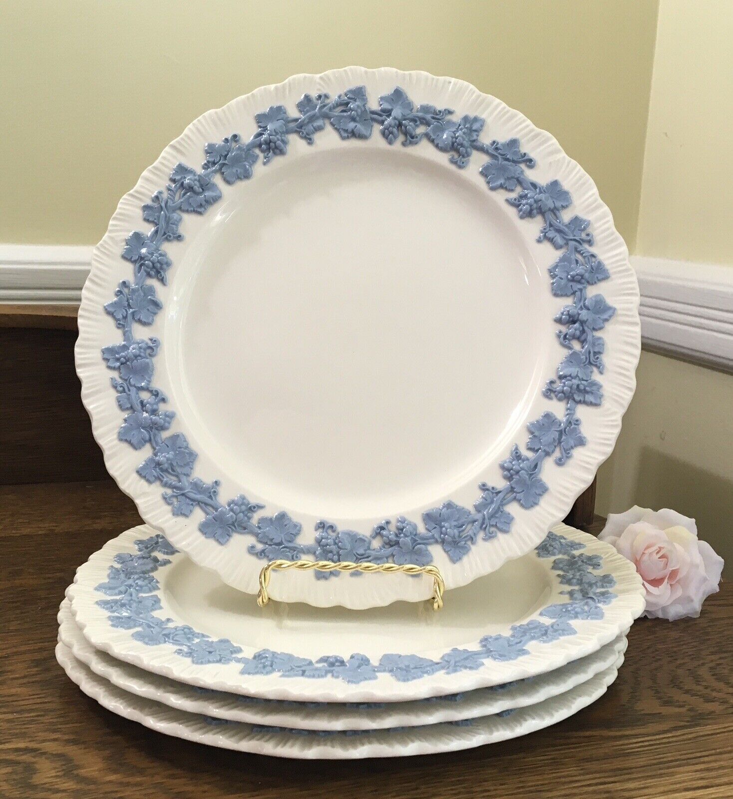 4 Wedgwood Embossed Queensware 9.25” Plates Lavender (Blue) on Cream Shell Edge