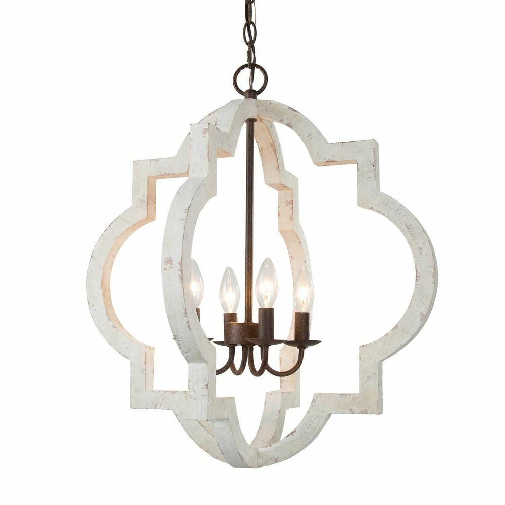 NIB Thomas Lighting 4-Light Distressed White Wood Lantern Chandelier $399 FLB-40