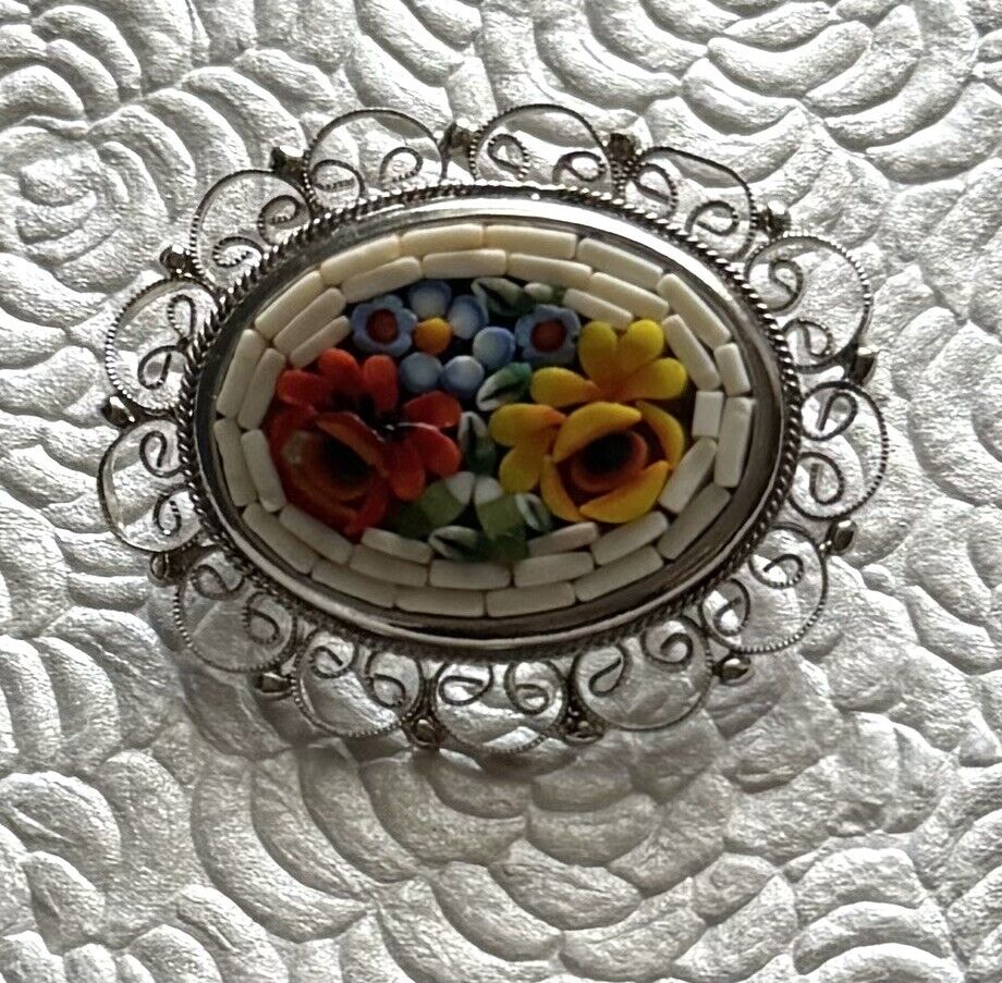 Vintage Micro Mosaic  floral  filigree Brooch made in Italy